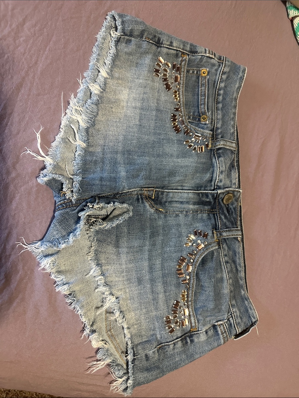 AE Distressed Beaded Denim Shorts - Blue